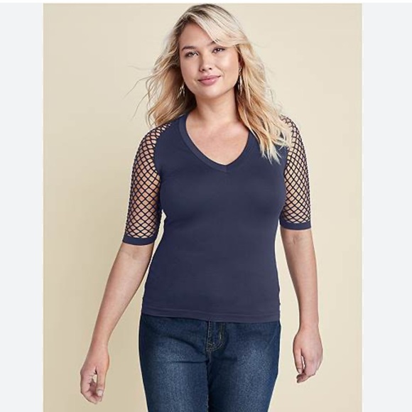 VENUS Navy Blue Mesh Short Sleeve Top M NWOT - Picture 2 of 8